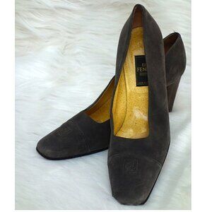 Authentic FENDI Vintage SCARPE Pumps Brown SUEDE Leather Stacked HEELS w/ LOGO!